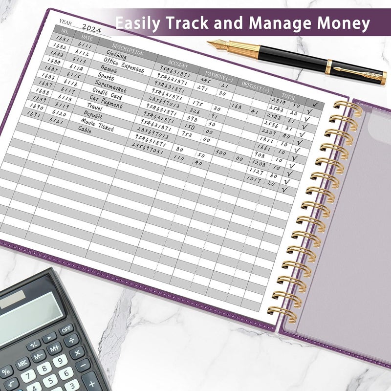 Hautoco Hardcover Accounting Ledger Book for Small Business Bookkeeping Horizontal Money Expense Tracker Notebook with 2 Storage Pouch, Personal Columnar Log Journal 10.78 x 8'', Deep Purple - Image 2